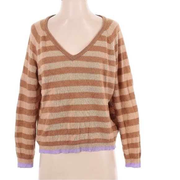 Jumper 1234 Nordstrom Tan Striped V-Neck Sweater contrast trim super soft Size M - Picture 2 of 6